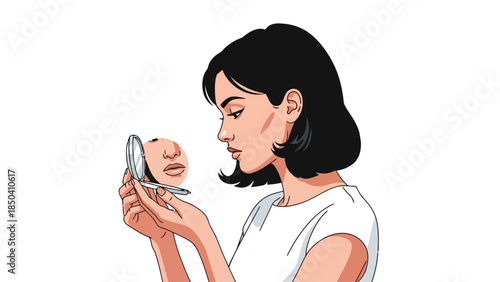 Woman looking at her lips in a compact mirror