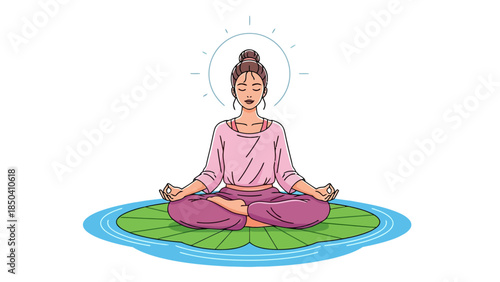Woman meditating in lotus pose on a lily pad