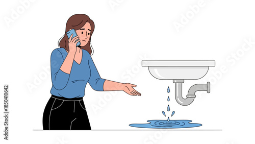 Woman on phone by a leaking sink