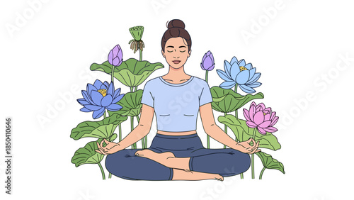 Woman meditating surrounded by lotus flowers