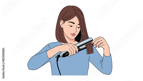 Woman straightening her brown hair with a flat iron