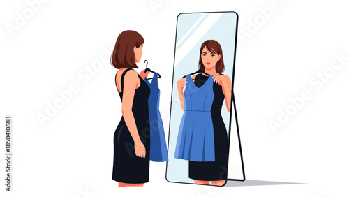 Woman trying on a blue dress in front of a mirror