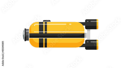 Yellow and black cylindrical object with attached thrusters and a light