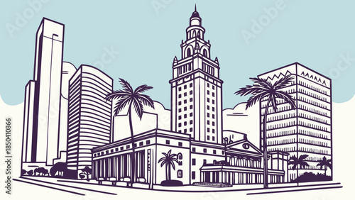 Miami skyline featuring the iconic freedom tower, palm trees, and stunning architecture suitable for travel magazines, blogs, websites, and tourism promotions.