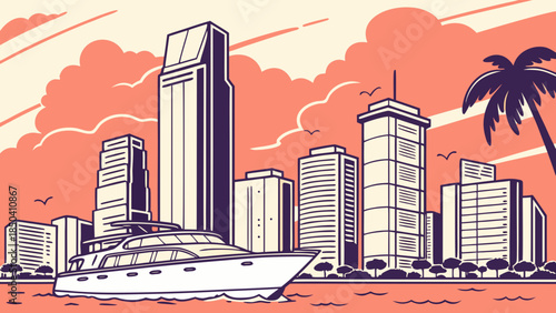 Miami skyline with boat sails, city skyline, and palm tree, suitable for travel brochures, vacation promotions, cityscapes, and tropical themes.