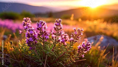 Lavender blooms bask in warm sunset light, mountains blurred in the background, meadow of grass & flowers