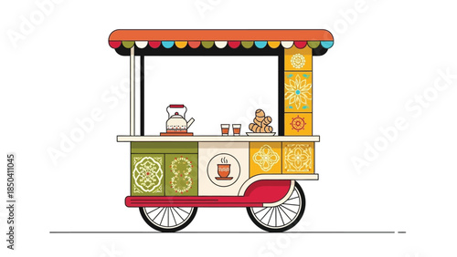 Colorful illustration of a food cart with a red canopy and patterned panels on a plain white background.