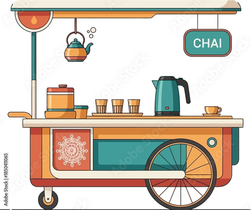 Colorful illustration of a traditional Indian chai cart with a kettle, cups, and teapot on a white background.
