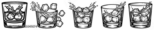 Set of vector line art illustrations showing whiskey glasses with dynamic liquid splashes and ice