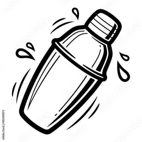 Bold vector illustration of a cocktail shaker in motion with liquid splashes and drops