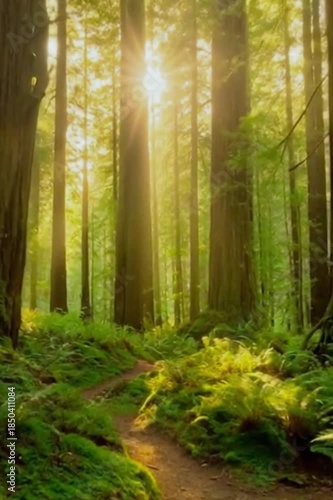 Sunlight Through Lush Green Forest With Natural Path