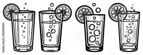 Set of four glasses with bubbly drinks and citrus slices in a hand drawn line art style