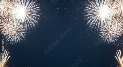 Vibrant fireworks exploding in night sky with sparkling stars