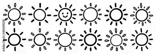 Large collection of hand drawn sun icons and symbols in simple black and white line art doodle style