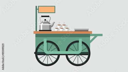Flat design illustration of a green food cart with a cash register and pastries on a light gray background.