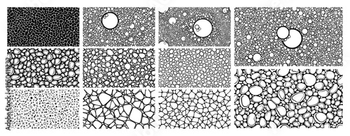 Collection of organic hand drawn patterns featuring bubbles foam and stone textures in black and white line art style