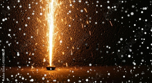 Sparkling firework explodes in vibrant golden light with snowflakes