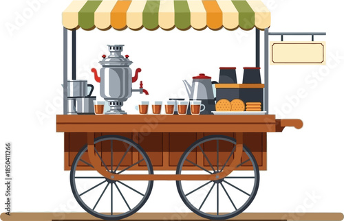 Flat illustration of a wooden beverage cart with a striped awning, featuring various drinkware and a large samovar on a white background.