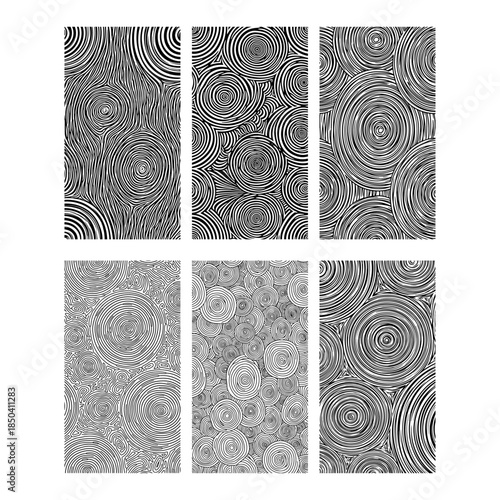Set of vertical panels with abstract organic line patterns resembling wood grain and tree rings