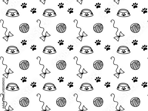 Hand drawn seamless pattern with pet accessories and paw prints. Cute pet vector background