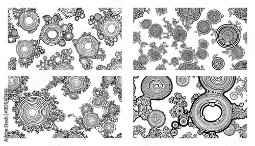 Four horizontal panels with abstract circular organic patterns resembling minerals or microscopic cells in vector