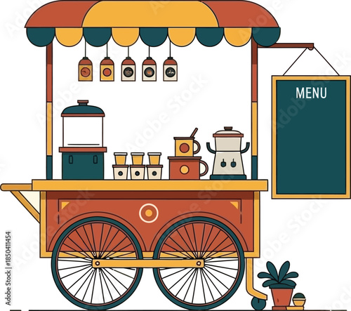 Colorful illustration of a food cart with a menu board and various coffee-making equipment on a white background.