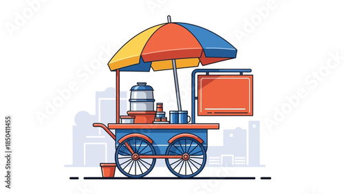 Colorful illustration of a food cart with an umbrella, situated against a city skyline on a white background.
