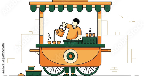Illustration of a man pouring tea from a kettle into a cup at a colorful street cart with a cityscape background.