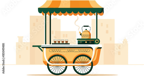 Illustration of a traditional Indian street food cart with a kettle and snacks on a city skyline background.