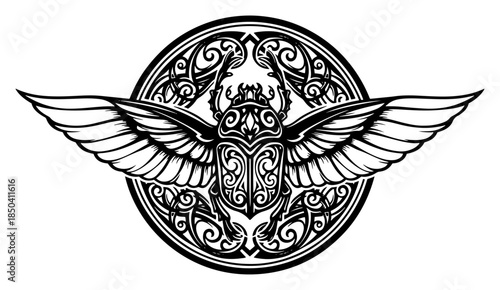 Detailed winged scarab beetle illustration set in an ornate circular ornamental frame