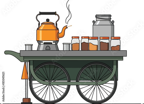 Colorful Vector Illustration of Indian Street Chai Tea Vendor Cart (Chai Wala Thela): Illustration of a green tea cart with a kettle, jars, and cups on a white background.