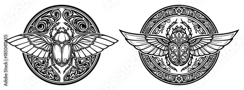 Set of two winged scarab beetle emblems with circular ornamental backgrounds in line art style