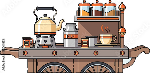 Pixel art illustration of a wooden cart with a teapot, coffee cup, and jars on a white background, with a warm color palette.