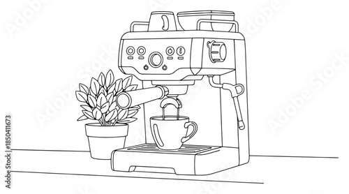 Minimalist line art illustration of an espresso coffee machine and a cup on a counter
