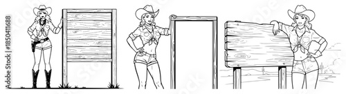 Beautiful cowgirl standing next to blank wooden signs in western line art style