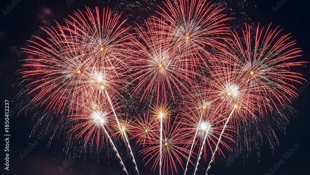 Obraz premium Vibrant fireworks exploding in night sky with bright red and white sparks