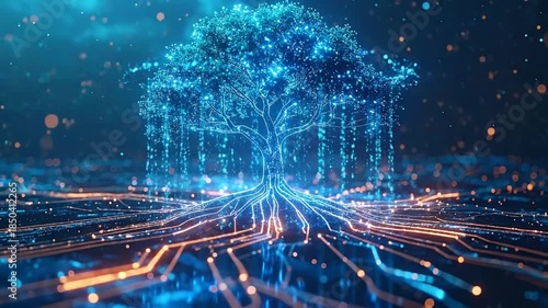 Digital Tree of Life: Glowing Data Visualization in Futuristic Cyber Landscape