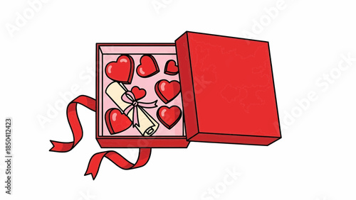 A red gift box with hearts and ribbon on a white background
