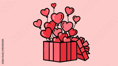 A beautifully wrapped gift box overflowing with red hearts on a soft pink background