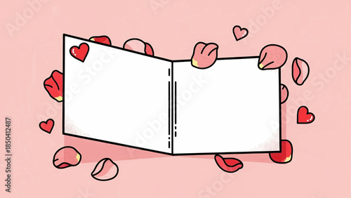 A romantic illustration of an open book surrounded by hearts and rose petals on a soft pink background