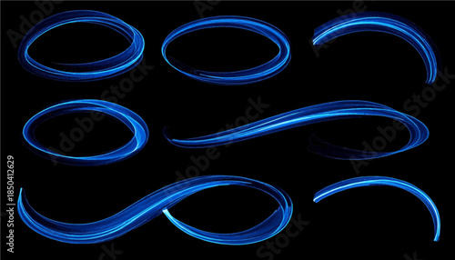Set of blue neon light curves and abstract glowing lines isolated on dark background, futuristic energy wave elements, dynamic motion design toolkit png trasparent svg