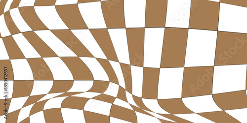 Trippy checkerboard background. Retro psychedelic checkered wallpaper. Wavy groovy chessboard surface. Abstract brown and white race flag backdrop. Eps10