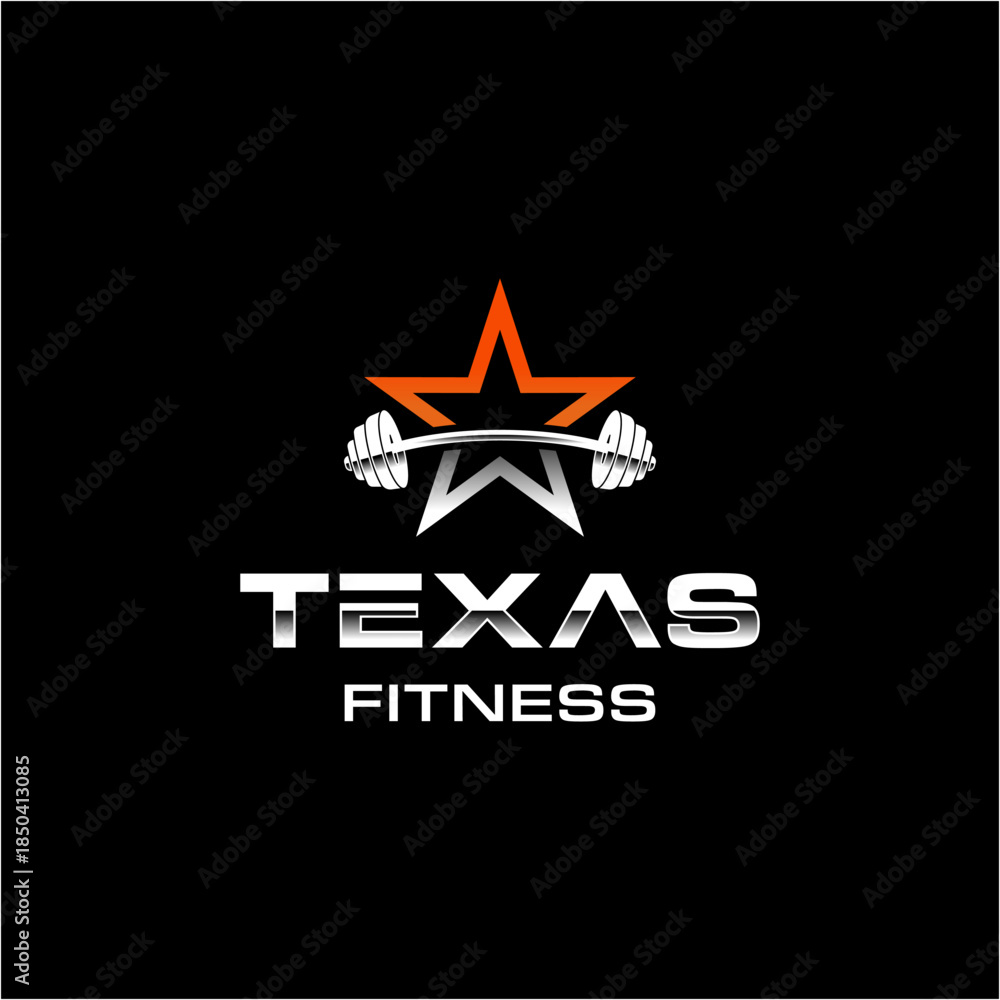 Fototapeta premium Bold and modern Texas fitness logo featuring a star symbol combined with a barbell, representing strength, performance, and motivation.Web