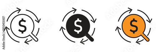 Vector icons featuring a magnifying glass with a dollar sign and circular arrows, representing financial auditing, money research, and investigation.