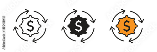 Dollar coin gear icons with circular arrows representing cash flow, financial processing, money circulation, and automated investment system cycles efficiently.