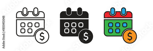 Calendar icons with a dollar coin, representing payment schedules, financial deadlines, salary dates, tax planning, and recurring business billing transactions.