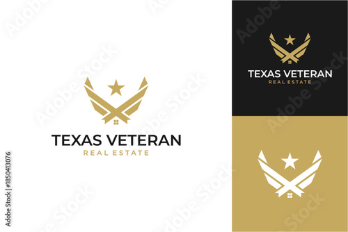 This veteran real estate logo design features an Air Force eagle emblem and refined house elements, symbolizing strength, trust, leadership, and service
