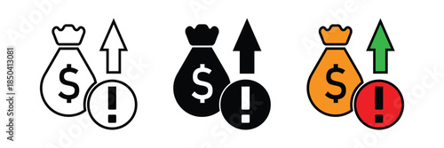 Financial alert icons showing a money bag with an upward arrow and exclamation mark, symbolizing rising costs, inflation, and warnings.