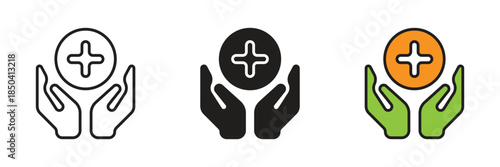 Hands holding plus symbol icon set, symbolizing medical care, healthcare support, insurance protection, community aid, and adding health services concepts.