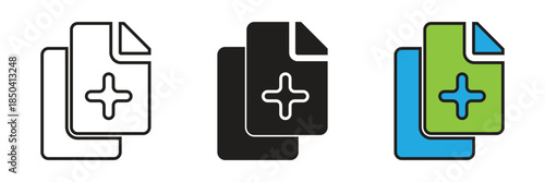 Document files with plus sign vector icon, illustrating adding new pages, creating digital records, paperwork management, and document duplication systems.